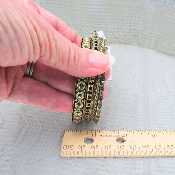 Bangle Bracelets Set of 4 Women, Gold Toned With Pattern, Business or Casual - Picture 6 of 7